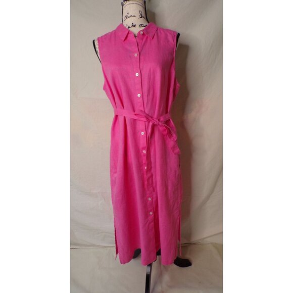 🆕TOMMY BAHAMA Two Palms Linen Shirt Dress Belted Pockets Pink Coral Large - Picture 4 of 10